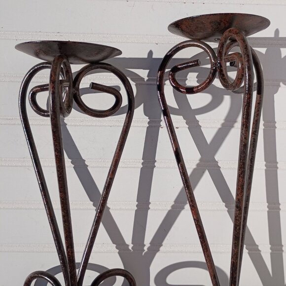 Pair of Wrought Iron Candle Holders Bronze Scroll French Country Candlesticks - Picture 14 of 16